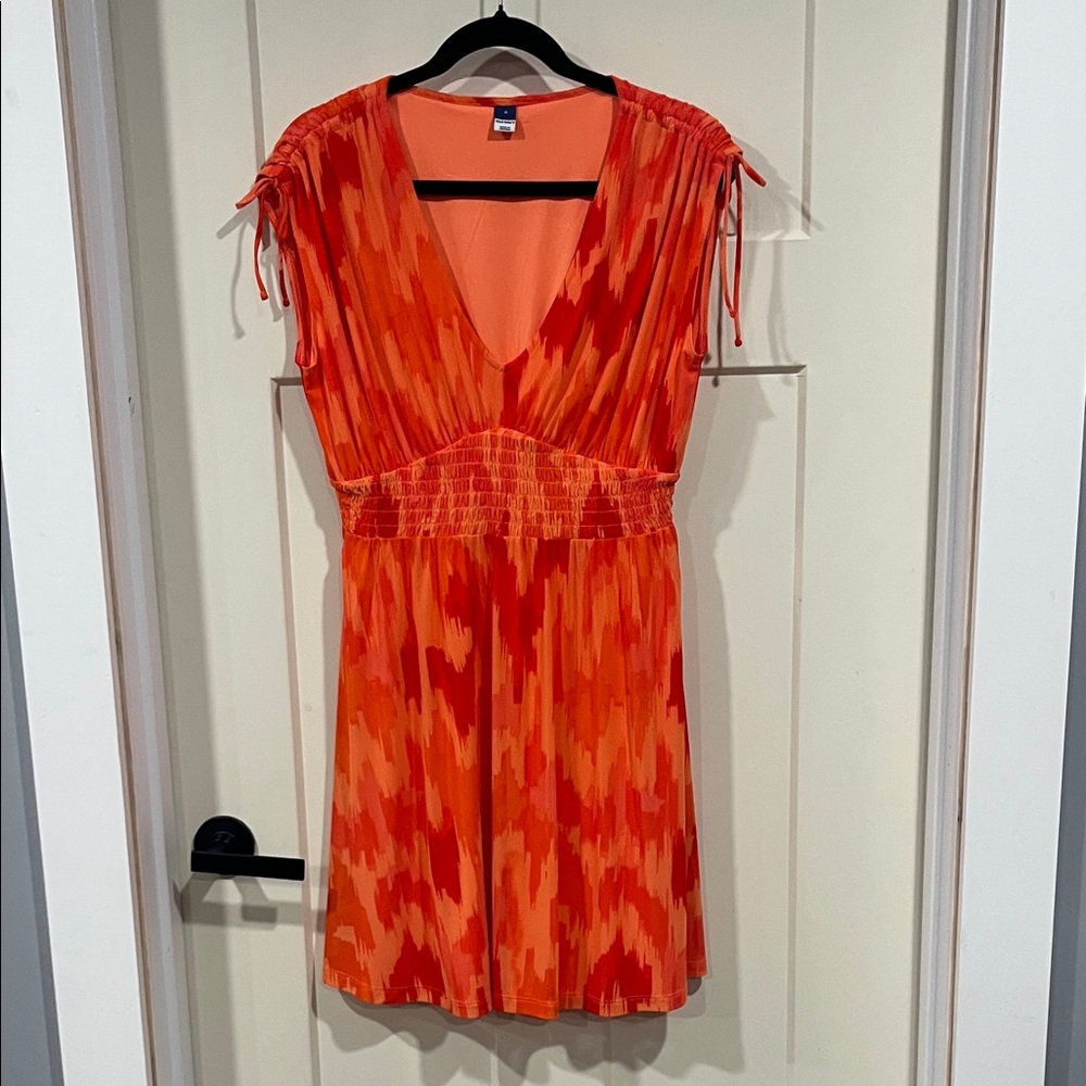 Old Navy Orange Red V-Neck Smocked Mini Dress